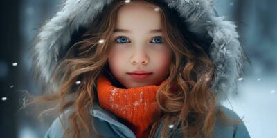 ai generado niña en invierno Saco y naranja bufanda. ai generativo. foto