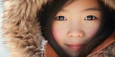 AI generated Young girl in fur coat with intense gaze. AI generative. photo