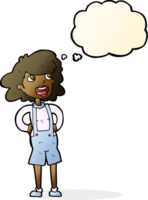 cartoon woman in dungarees with thought bubble png