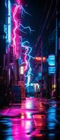 AI generated Nature's dazzling display. This abstract image captures the force of a thunderstorm, with a lightning bolt striking over the city. photo