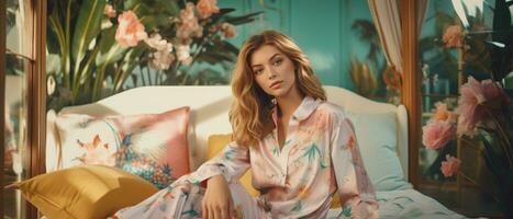 AI generated Woman in vibrant colorful flower dress lying gracefully on a sofa. AI generative. photo