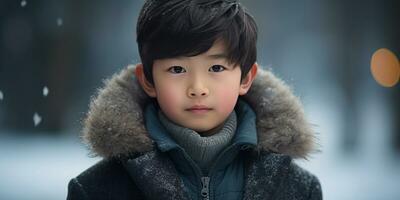 AI generated Close-up of a young Asian boy in winter attire. AI generative. photo