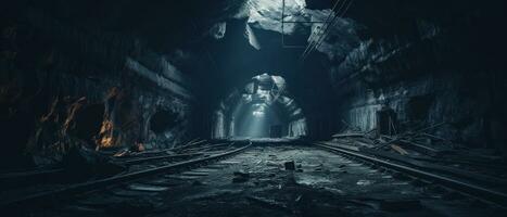 AI generated Eerie underground tunnel with abandoned train track. AI generative. photo