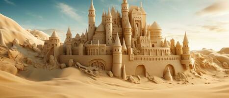 AI generated Magnificent sand castle on golden sand, with intricate towers. AI generative. photo