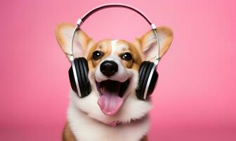 Playful corgi immersed in music.  AI generative. photo