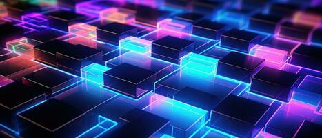 AI generated Bright neon elements and 3D cubes create a modern, tech-savvy atmosphere. photo