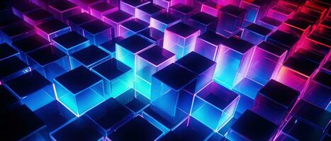 AI generated Bright neon elements and 3D cubes create a modern, tech-savvy atmosphere. photo