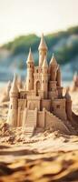 AI generated A stunning vertical shot of an artistic sandcastle set against a backdrop of blue ocean and clear sky. photo