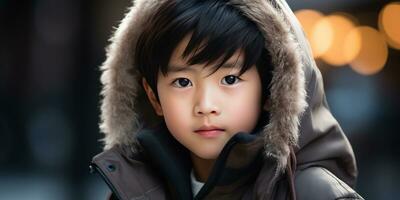 AI generated Close-up of a young Asian boy in winter attire. AI generative. photo