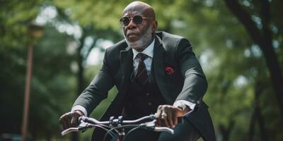 AI generated Elegant black man in suit cycling in city. AI generative. photo