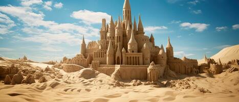 AI generated Magnificent sand castle on golden sand, with intricate towers. AI generative. photo