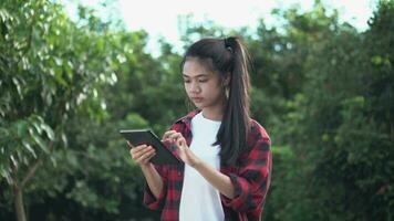 Beautiful young asian girl the new technology to monitor rambutan fruit. video