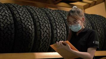 A woman is checking the stock list of rubber products in the stock room. video