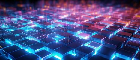 AI generated The blend of blue light, digital patterns, and 3D elements. photo