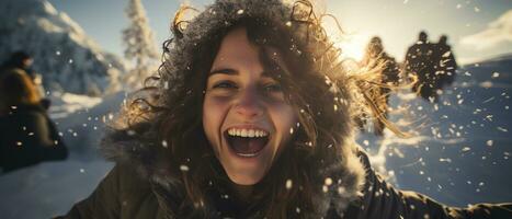 AI generated Photo of a joyful young woman on a winter adventure, her smile radiating happiness against a snowy backdrop.