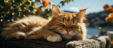 AI generated Charming and funny photo of a sleepy kitten, showcasing its fluffy striped fur and adorable expression.