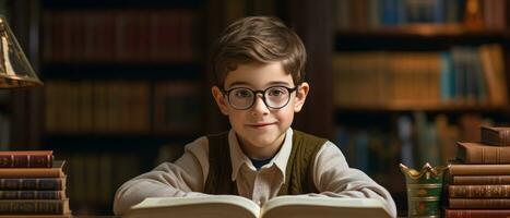 AI generated Young reader in sweater and glasses, absorbed in enchanting story,. AI generative. photo