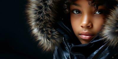 AI generated Close-up of a young black girl in a luxurious fur hooded coat. AI generative. photo