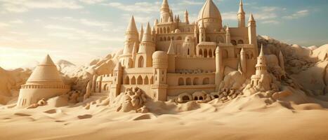 AI generated Magnificent sand castle on golden sand, with intricate towers. AI generative. photo