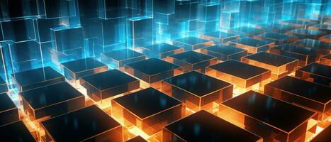 AI generated A fusion of science and art, this abstract composition combines geometric shapes and fluorescent elements to depict a digital realm. photo