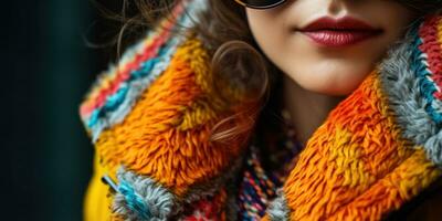 AI generated Woman in colorful knitted coat. AI generative. photo