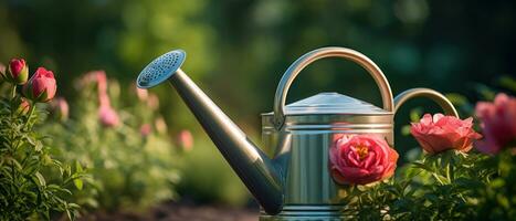 AI generated Charming watering can in a vibrant garden. AI generative. photo