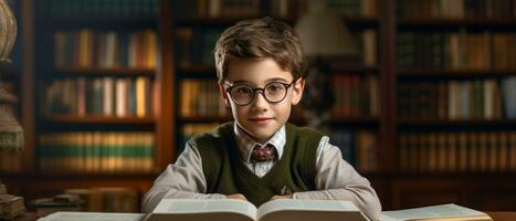 AI generated Young reader in sweater and glasses, absorbed in enchanting story,. AI generative. photo