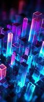 AI generated The bright neon patterns and 3D perspective convey the concept of a virtual world within a concrete jungle. photo