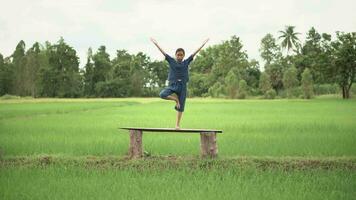 ásia menina meditação ou ficar de pé ioga às ar livre, campo do tailândia. video