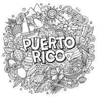 Puerto Rico cartoon doodle illustration. Funny Puerto-Rican design. Creative vector background with Caribbean country elements and objects. Colorful composition