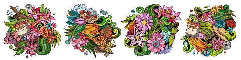 Spring cartoon vector doodle designs set.