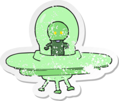 adesivo retrô angustiado de um alienígena de desenho animado em disco voador png