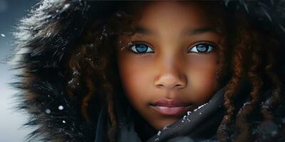 AI generated Close-up of a young black girl in a luxurious fur hooded coat. AI generative. photo