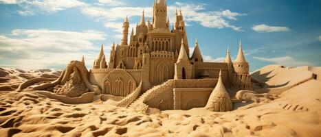 AI generated Magnificent sand castle on golden sand, with intricate towers. AI generative. photo