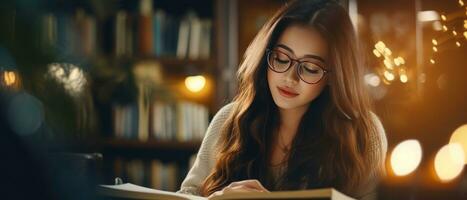 AI generated Young Asian woman engrossed in a book in a library. AI generative. photo