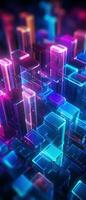 AI generated The bright neon patterns and 3D perspective convey the concept of a virtual world within a concrete jungle. photo