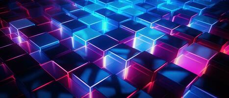 AI generated Bright neon elements and 3D cubes create a modern, tech-savvy atmosphere. photo