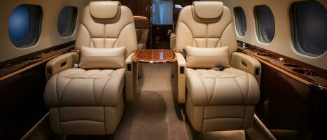 AI generated Opulent private jet interior, sleek table, elegant chairs. AI generative. photo