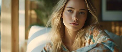 AI generated Captivating scene of a woman with golden locks. AI generative. photo