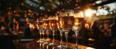 AI generated Bright and cheerful close-up of champagne glasses with fizzing bubbles, set on a table with festive decorations. photo