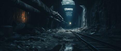 AI generated Eerie underground tunnel with abandoned train track. AI generative. photo