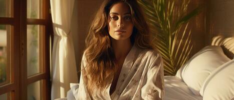 AI generated Enchanting young woman in bed. AI generative. photo