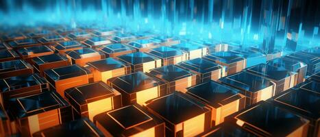 AI generated A fusion of science and art, this abstract composition combines geometric shapes and fluorescent elements to depict a digital realm. photo