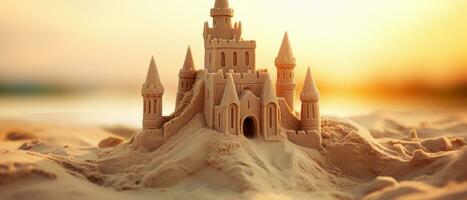 AI generated Close-up of a detailed sandcastle on a smooth beach. AI generative. photo