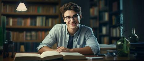 AI generated Young man in glasses deeply engrossed in a book, in a library. AI generative. photo