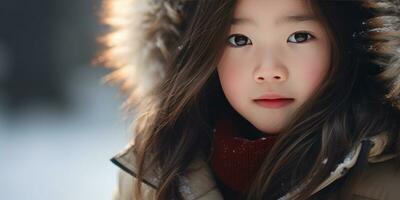 AI generated Young girl in fur coat with intense gaze. AI generative. photo