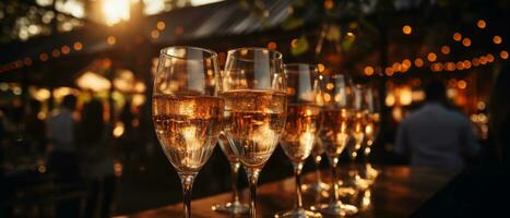 AI generated Bright and cheerful close-up of champagne glasses with fizzing bubbles, set on a table with festive decorations. photo