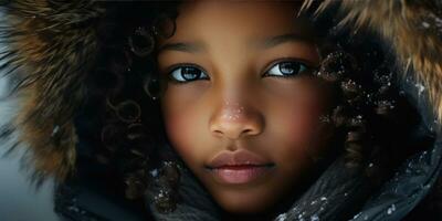 AI generated Close-up of a young black girl in a luxurious fur hooded coat. AI generative. photo