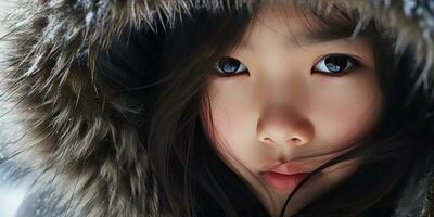 AI generated Young girl in fur coat with intense gaze. AI generative. photo