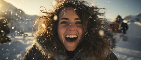 AI generated Photo of a joyful young woman on a winter adventure, her smile radiating happiness against a snowy backdrop.